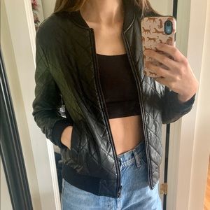 Black faux leather quilted bomber jacket